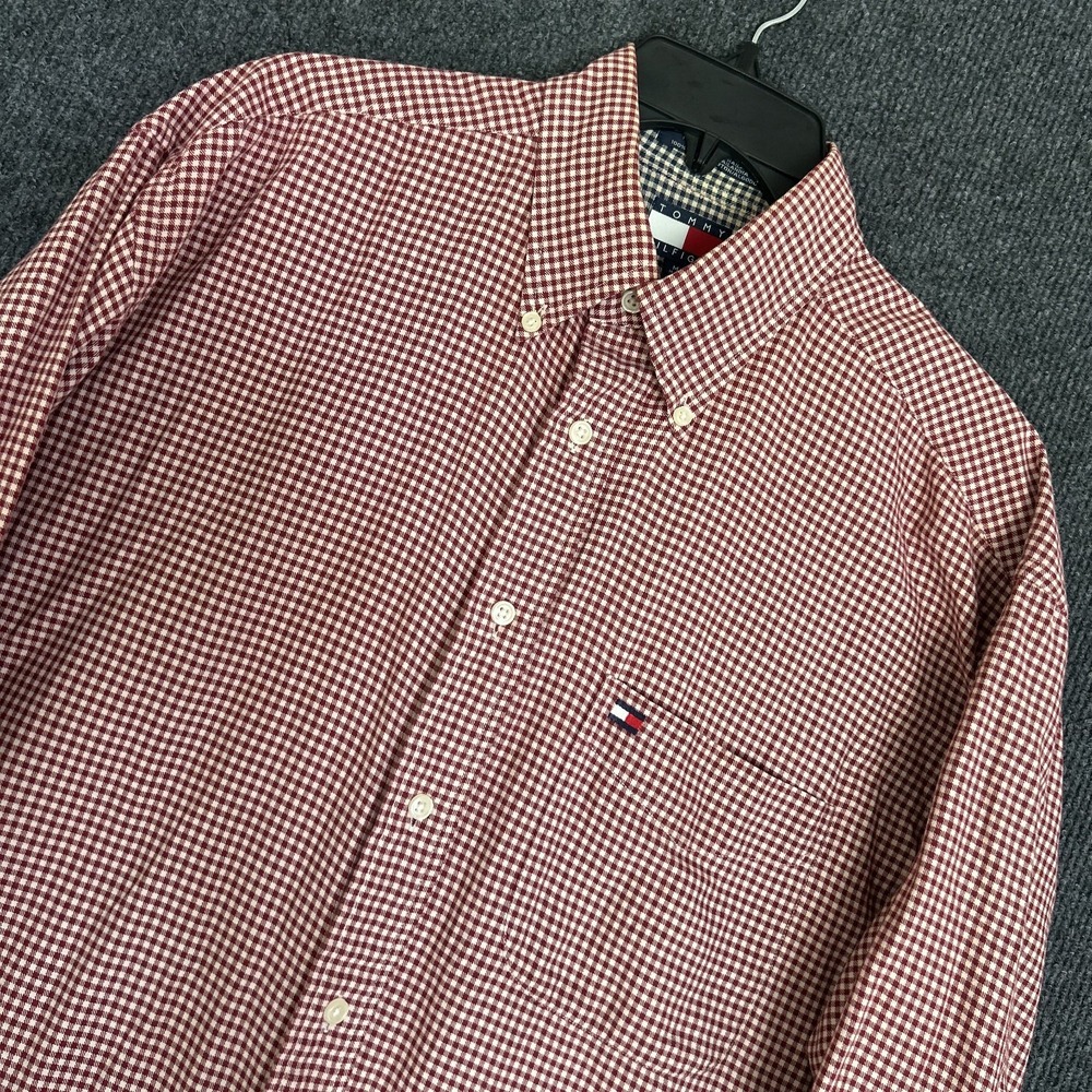 Tommy Hilfiger Mens M Shirt Red Tan Gingham Check Long Sleeve Button Down Preppy